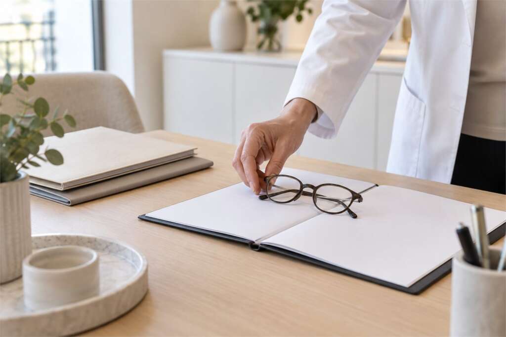Main posant des lunettes sur un contrat ouvert.