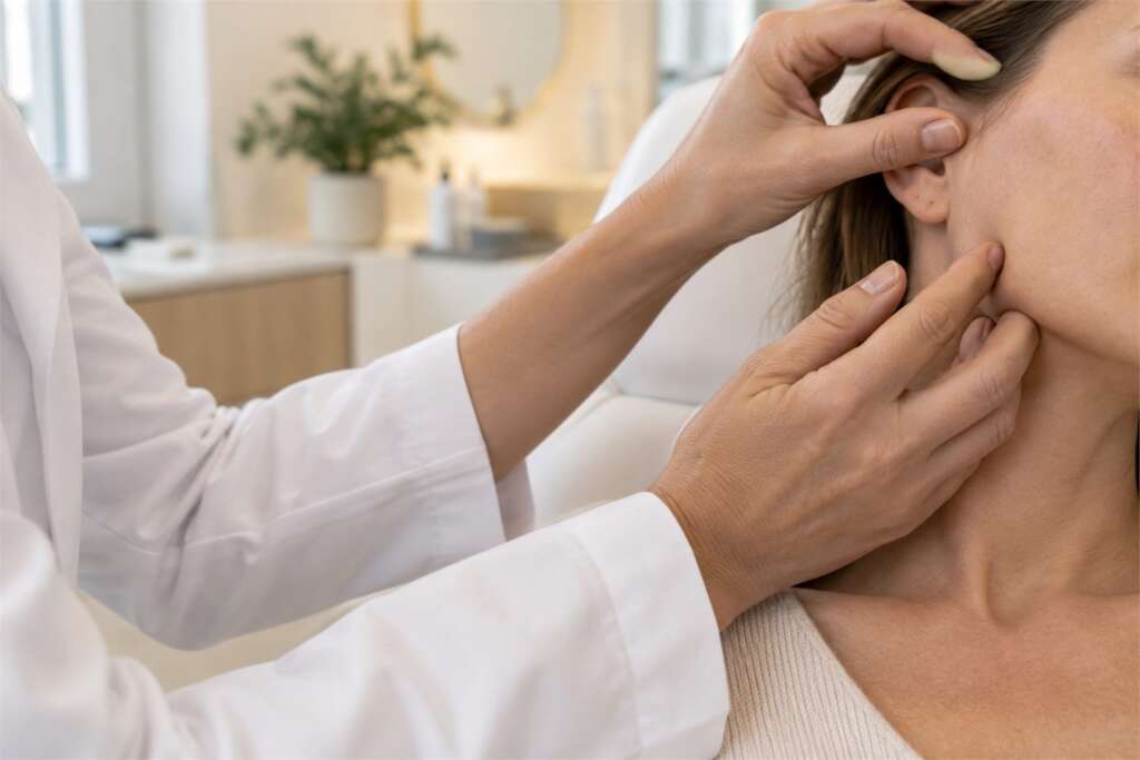 Mains d’un médecin examinant la joue d’une patiente.